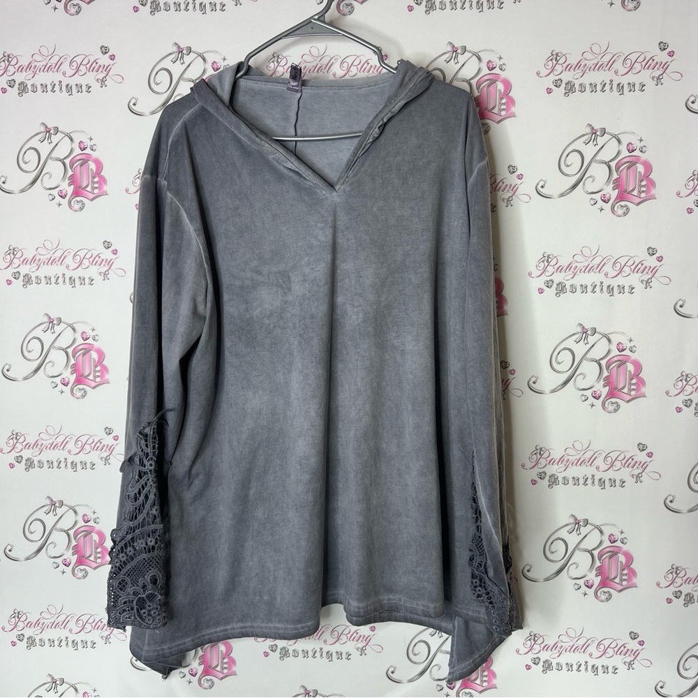 Nextmia Gray sweatee Top with Lace crochet style floral Sleeves hoodie